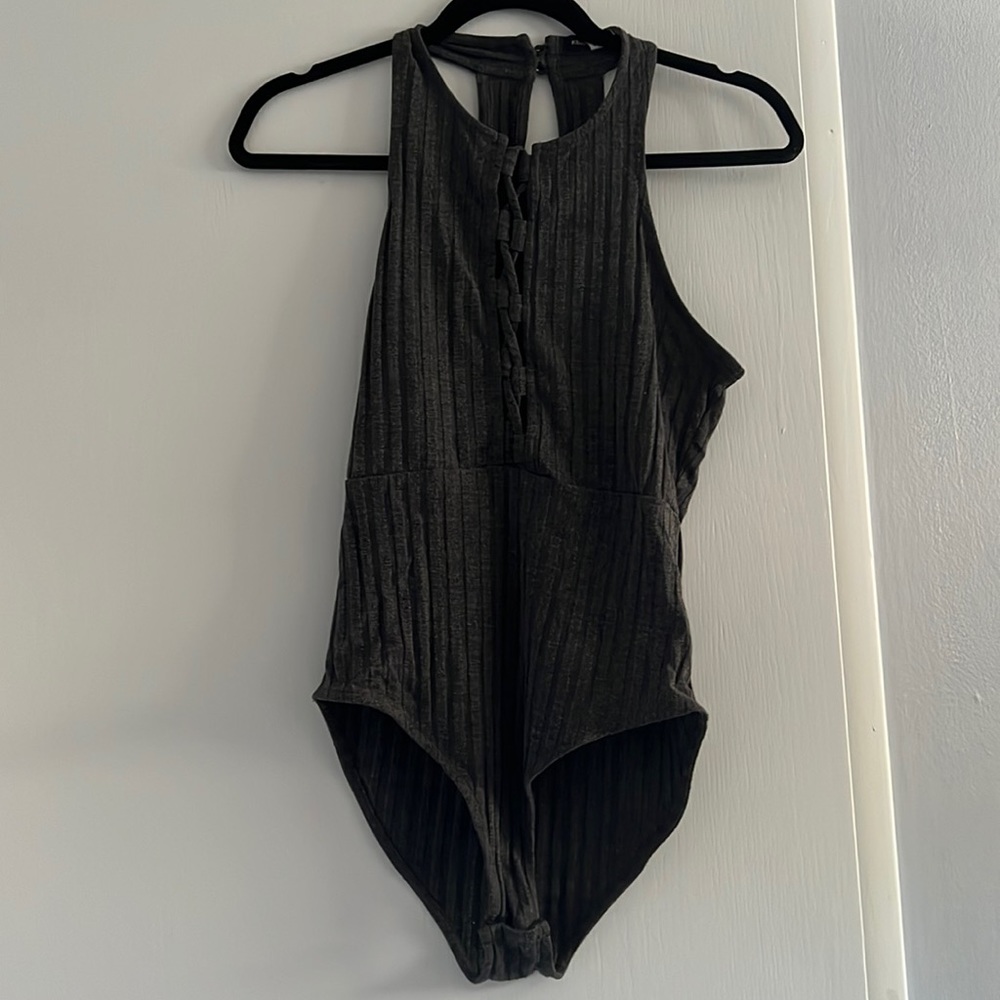 Kendall and Kylie dark gray lace up front bodysuit